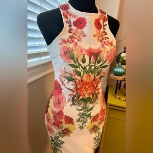 Forever 21 midi dress. White w/ red, orange & green floral detail. Form‎ fit. S